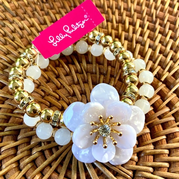 LILLY PULITZER  BRACELET 🩷FLOWER BLOOM WHITE/GOLD /CRYSTAL 🩷BEADED STRETCH - Picture 2 of 9